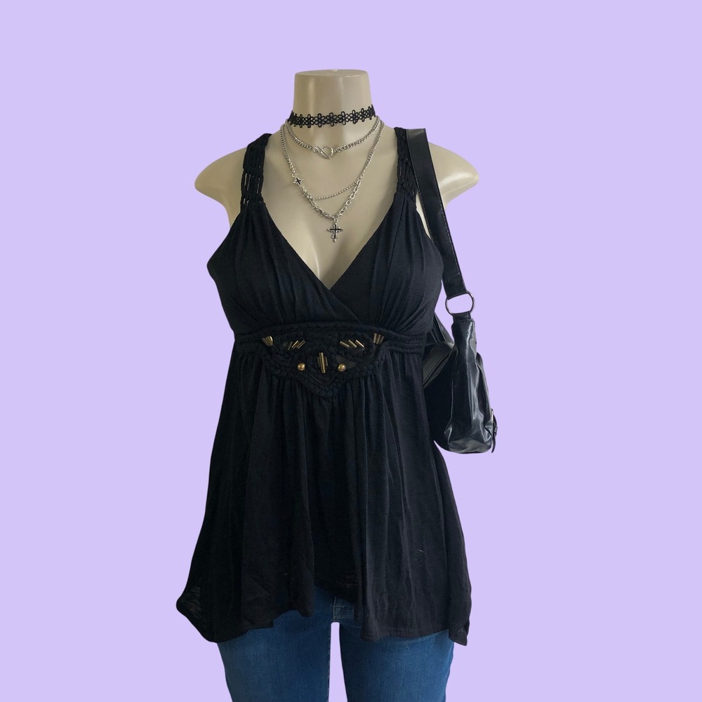 Vintage Y2K XOXO Black Babydoll Top M Braided Strap Empire Waist Fairy Grunge